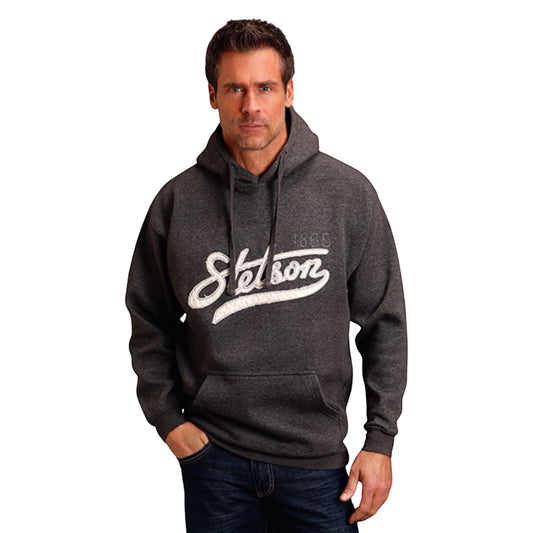 Rafter M Hat Company charcoal grey cotton blend hoodie with white Stetson 1865 applique logo and front pocket.